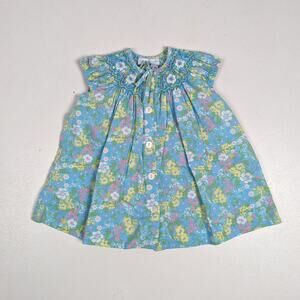 La Fleur & Le Papillon Dress Baby Girls Sz 6m Blue Floral Retro Smocked Boutique